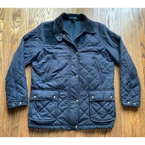 Lauren Ralph Lauren Jacket Womens Large Black Equestrian Quilted Corduroy Collar